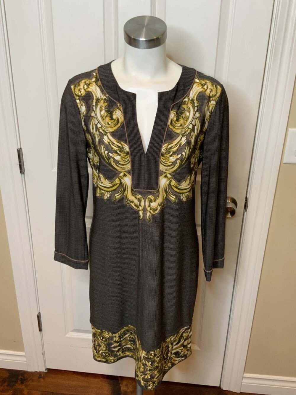 BCBG Max Azria Brown Gold Filigree Hayden Tunic Dress, Size M